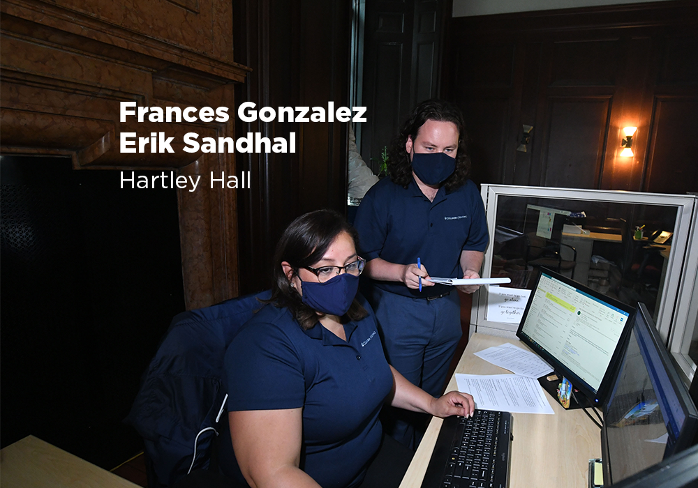 Frances Gonzalez and Erik Sandhal review student rosters and building floor plans. Based on evolving public health protocols and capacity guidelines, the Housing team managed room assignments for the students approved to live on campus during the fall, spring, and summer terms – including quarantine assignments for students when necessary – and continued to adjust plans as the University shifted operations in response to the global health crisis. 