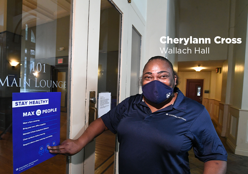 Cherylann Cross places capacity signs within common space in the residence halls. Steps were taken to ensure residents were aware of health and safety protocols in place, while they lived in the residential community.