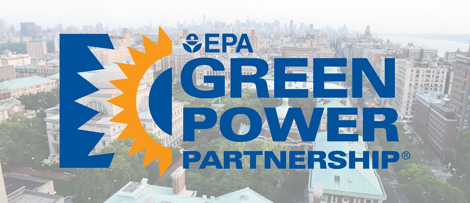 A graphic that says EPA Green Power Partnership with an aerial view of the Morningside campus looking south