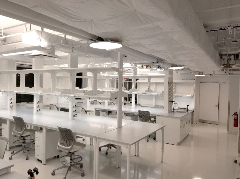 A newly renovated lab that has all white lab stations and fixtures.