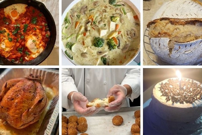 A collage of food dishes, including cake, sourdough bread, shakshouka, rice balls, roast chicken, and green curry.