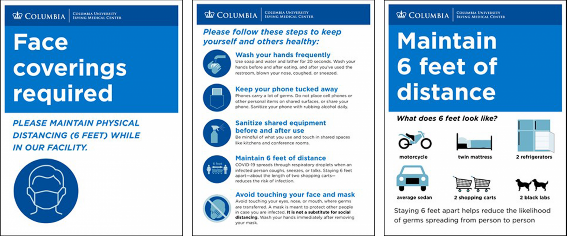 Examples of signage at the Irving Medical Center detailing COVID health and safety requirements
