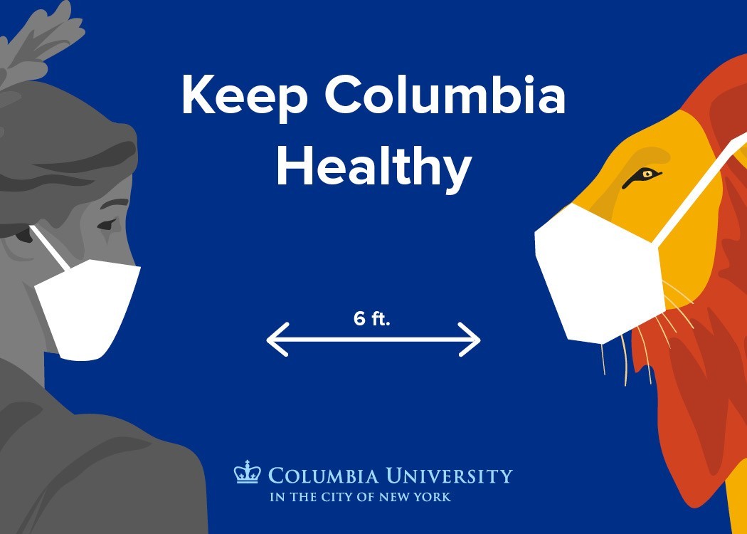 An illustrated sign that says Keep Columbia Healthy with Alma Mater and Roar-ee