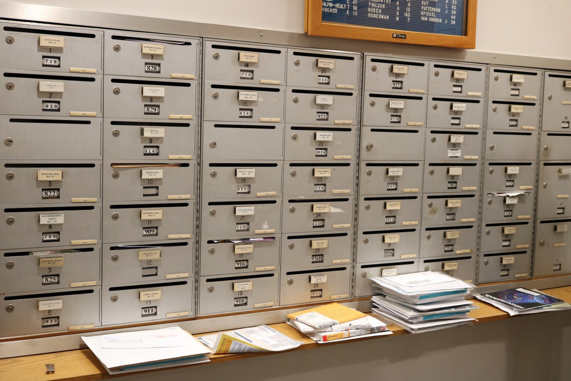 A set of mailboxes inside the Pupin Hall Express Mail Center