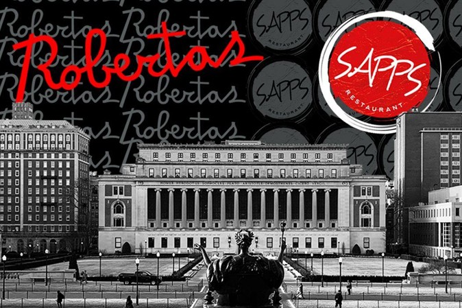 A black and white graphic of Butler Library from the perspective behind Alma Mater with red Roberta's and Sapp's logos up top.