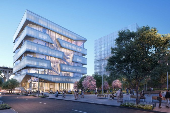 A rendering of the new Columbia Business School building at the Manhattanville campus, with trees in the foreground