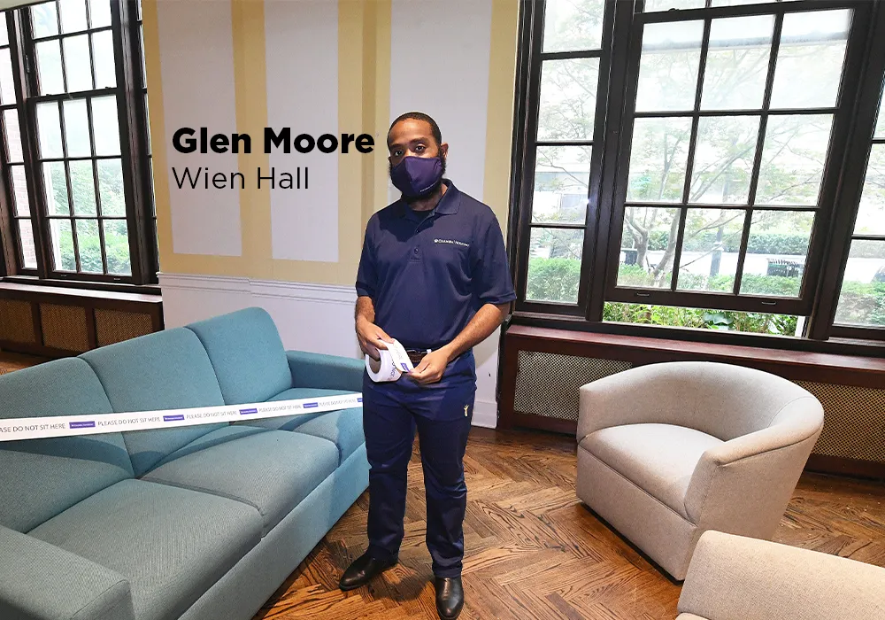 Glen Moore surveys building lounges and furniture configurations for safe usage. With guidance from University public health officials and in partnership with the Facilities Space Planning team, the Housing team assessed community space capacities and made furniture amendments to ensure residents could utilize lounges while adhering to physical distancing recommendations. 