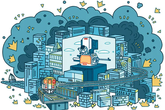 A blue green illustration of a small city filled with tall buildings, and a microscope sits in the middle of it with a winding subway train track in front of it
